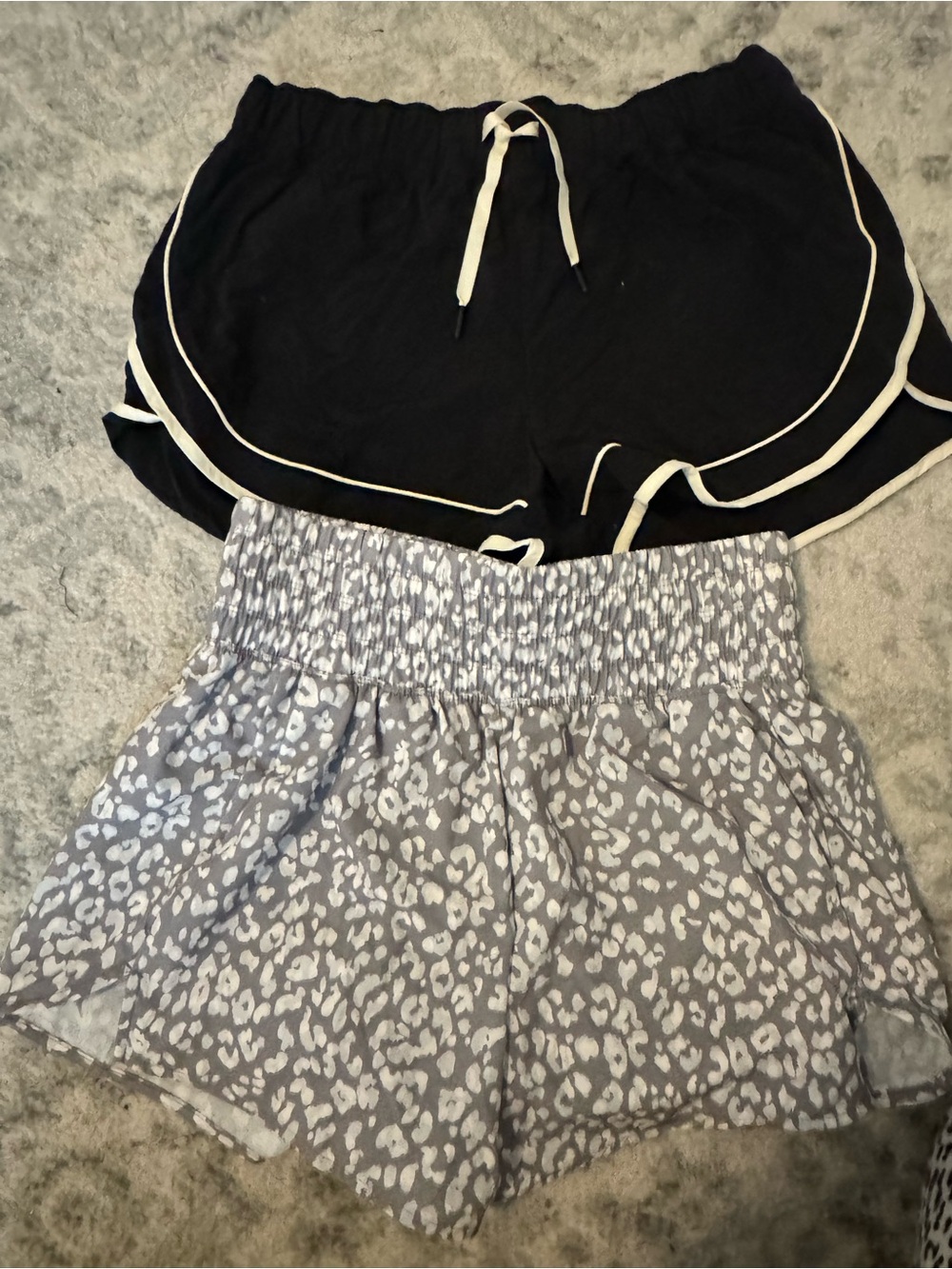 Old Navy Black Drawstring Shorts and Gray Leopard Smocked-Waist Shorts
